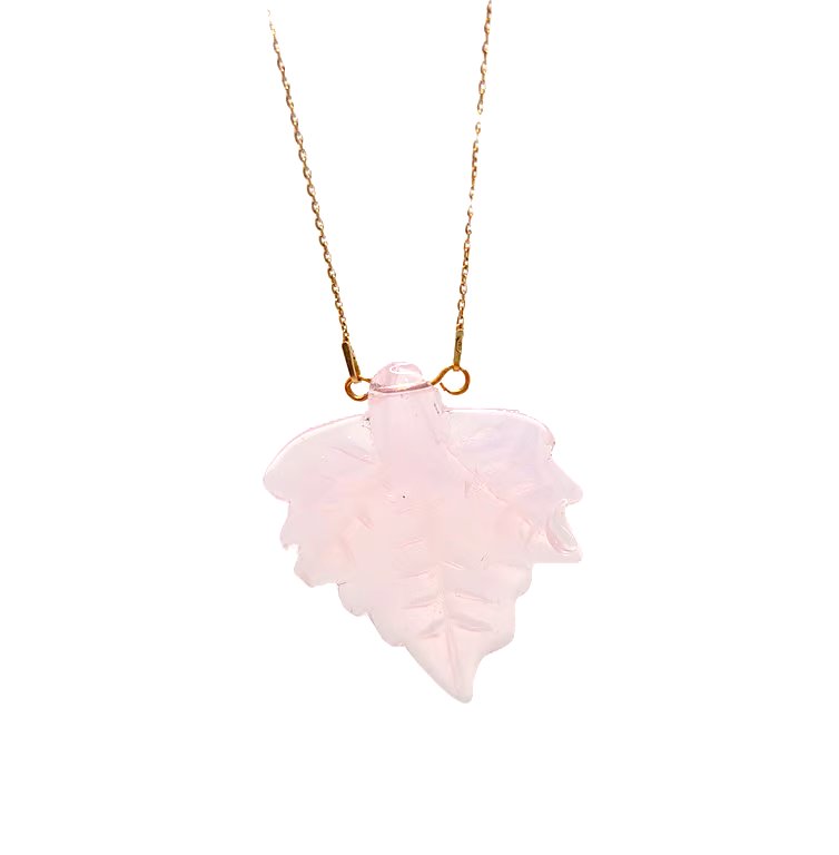 Rose quartz leaf shaped pendant with rose gold plated chain