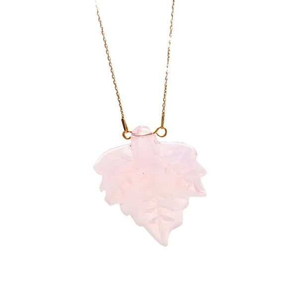 Rose quartz leaf shaped pendant with rose gold plated chain