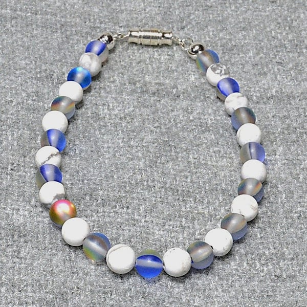 Blue Shimmer Frosted Glass Bead and Matt Howlite Bracelet