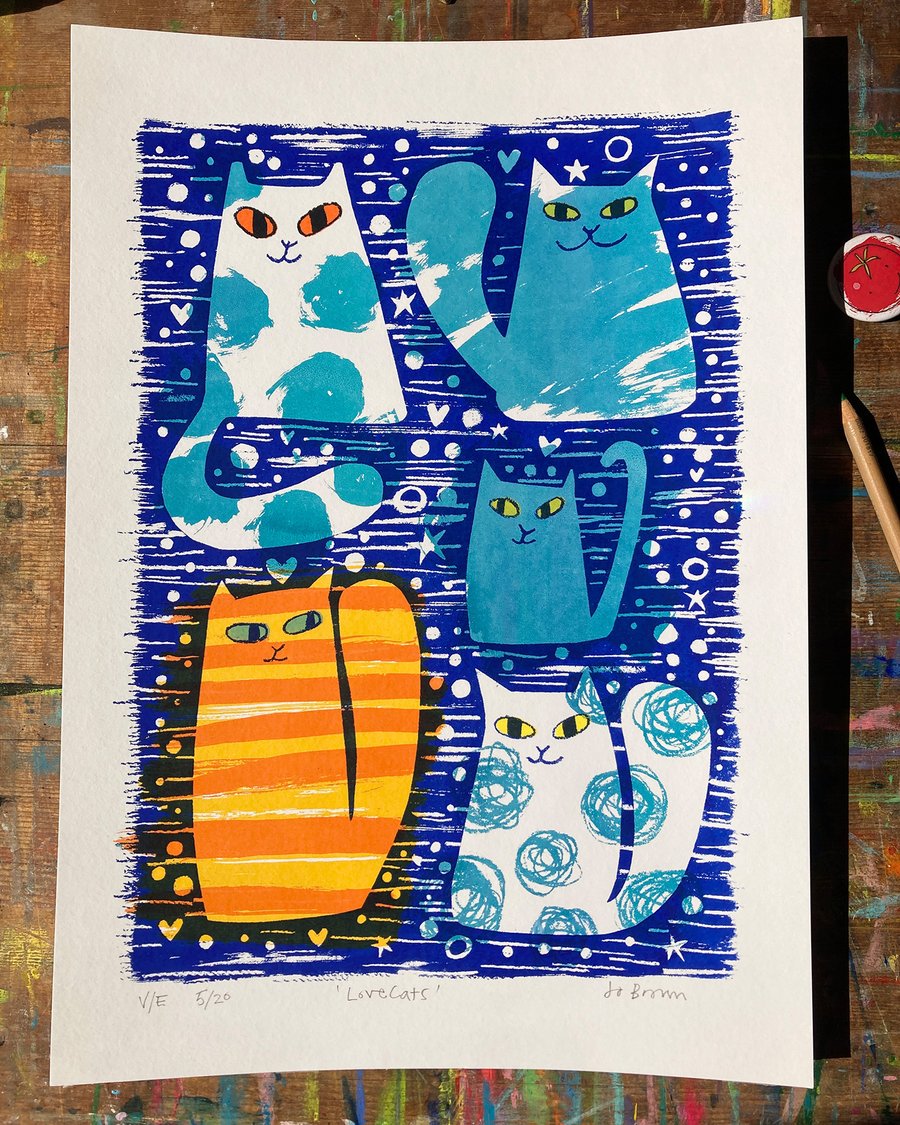 LoveCats original screen print - turquoise-Unframed - by Jo Brown happytomato 