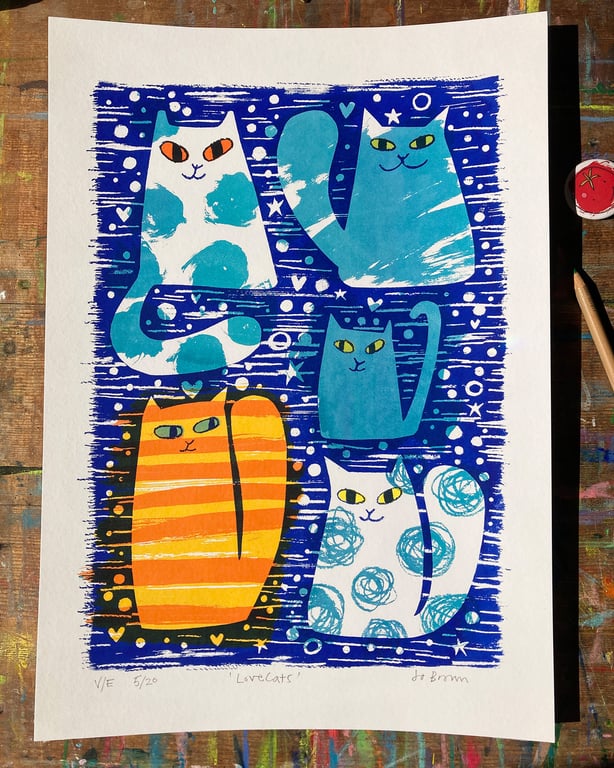 LoveCats original screen print - turquoise-Unframed - by Jo Brown happytomato 