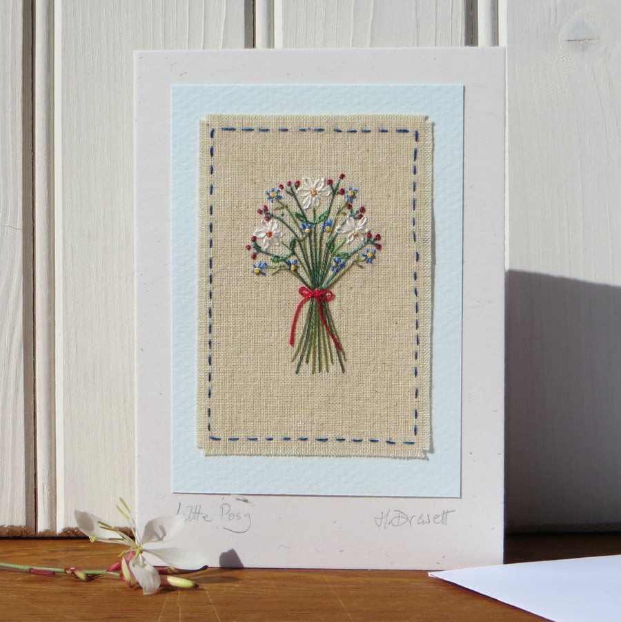 Little Posy hand-stitched freestyle embroidery on card, delicate, a card to keep