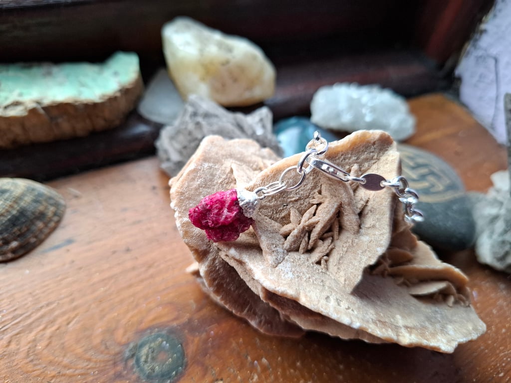 Raw Ruby Crystal and Sterling Silver Bracelet - July Birthstone