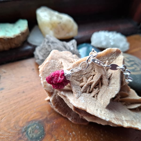 Raw Ruby Crystal and Sterling Silver Bracelet - July Birthstone