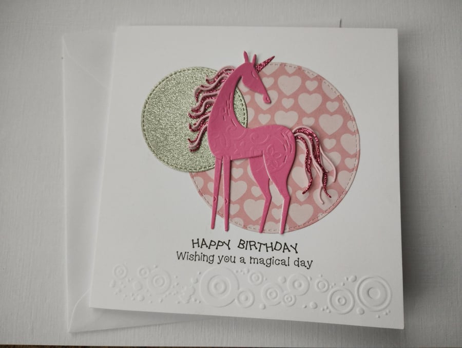 Pretty Pink Unicorn Handmade Birthday Card - Wishing you a Magical Day 
