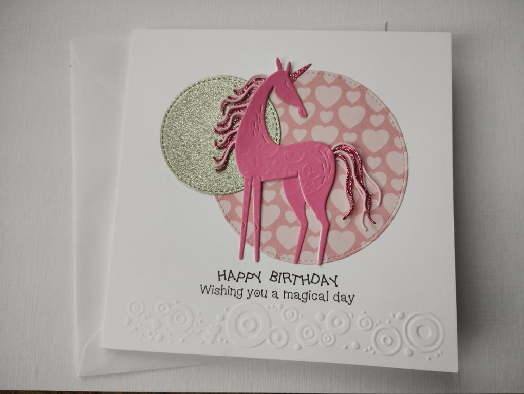 Pretty Pink Unicorn Handmade Birthday Card - Wishing you a Magical Day 