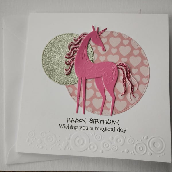 Pretty Pink Unicorn Handmade Birthday Card - Wishing you a Magical Day 