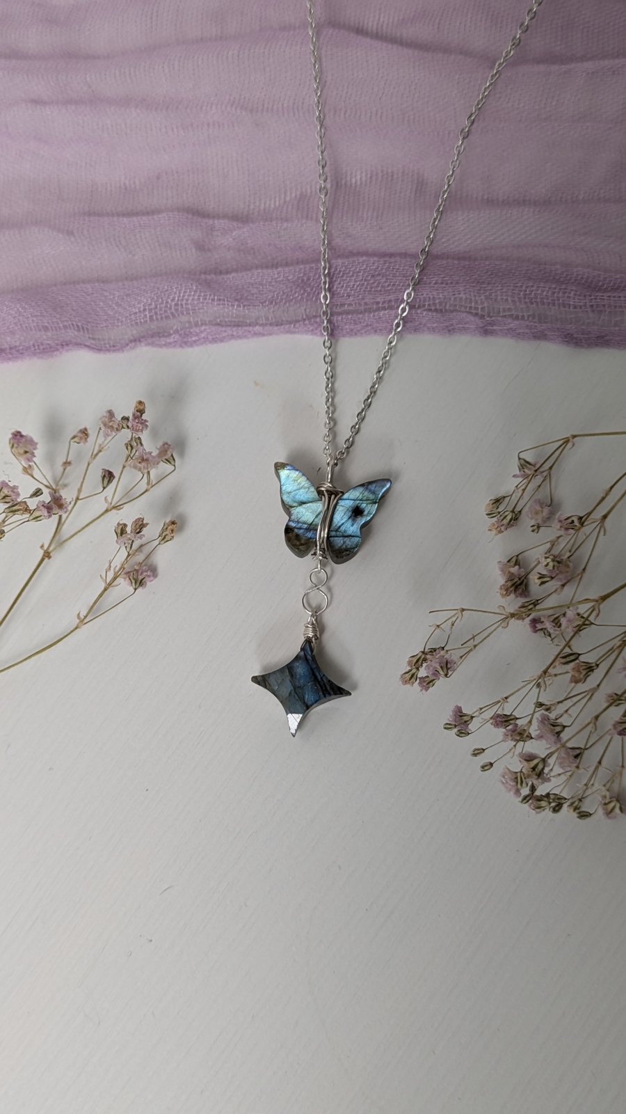 Labradorite Butterfly Celestial Silver Necklace 