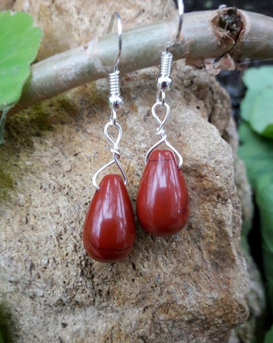 Teardrop Gemstone Dangle Earrings - Red Jasper 