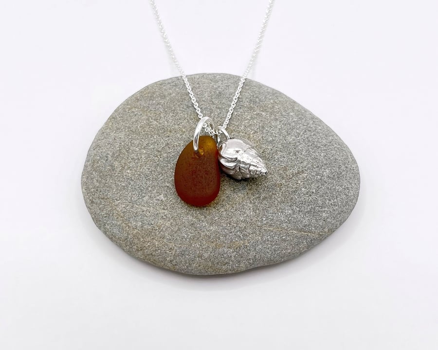 Cornish Sea Glass and Silver Coated Conch Seashell Necklace - Burnt Orange