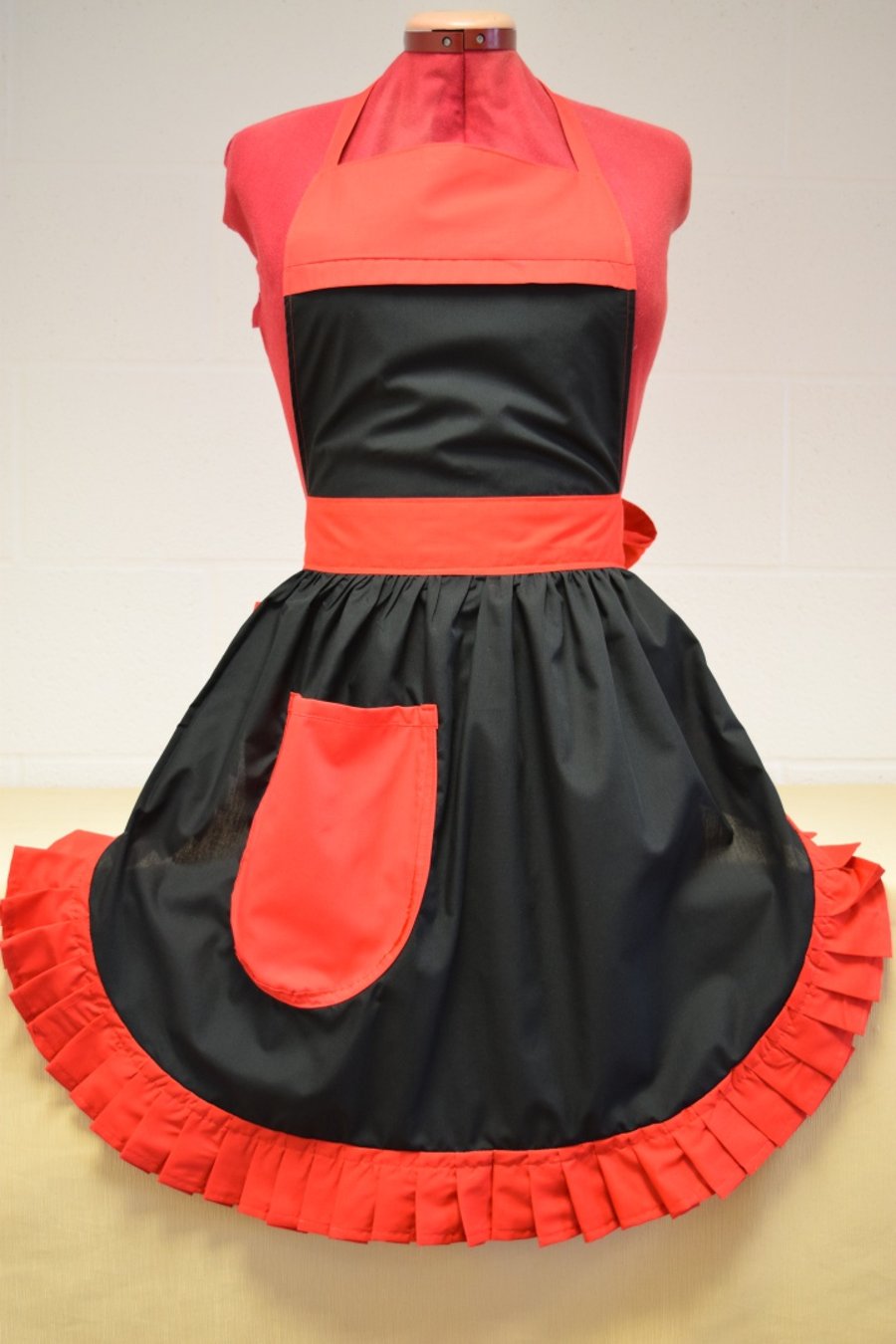 Vintage 50s Style Full Apron Pinny - Black with Red Trim