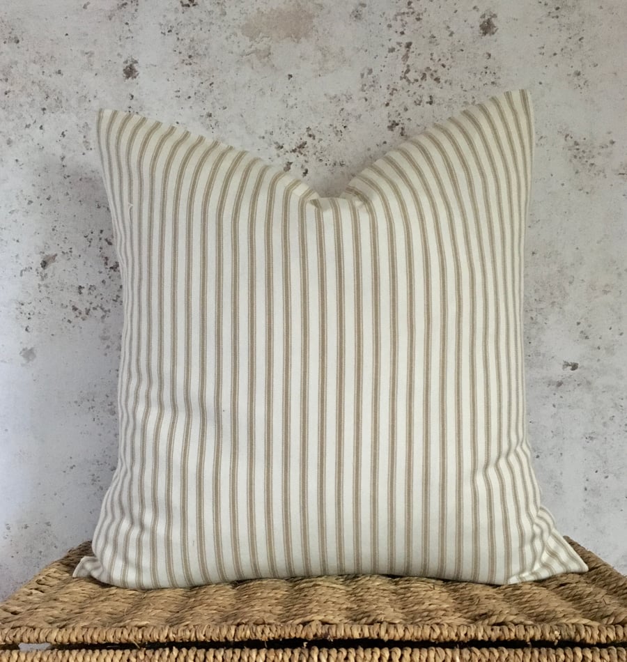 Beige and Off White Striped Ticking Cushion Cover 16” x 16”