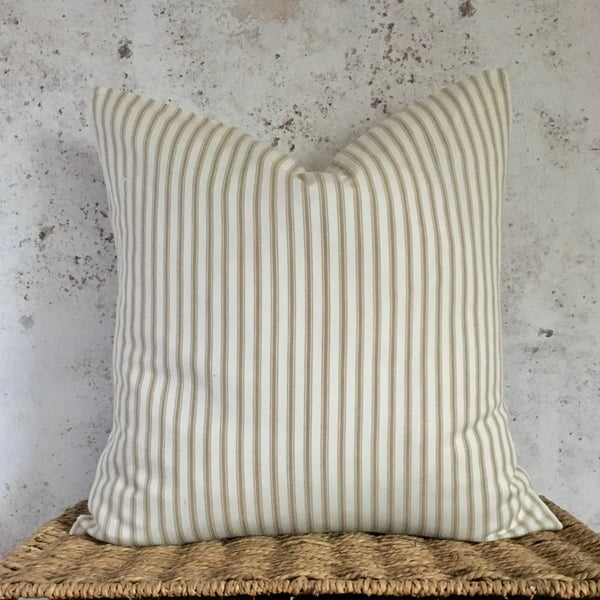 Beige and Off White Striped Ticking Cushion Cover 16” x 16”
