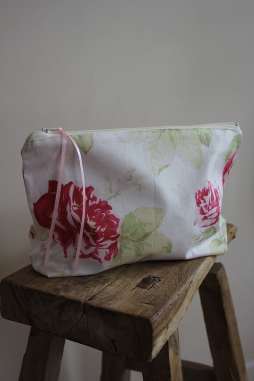 Cath Kidston 'antique rose' fabric zip up pouch - green and cream polka lining