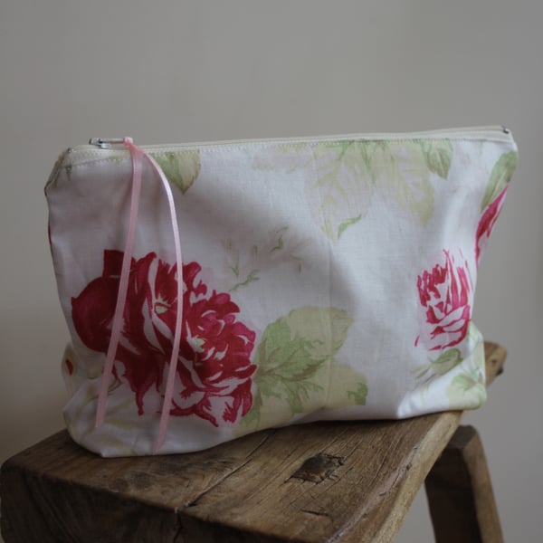 Cath Kidston 'antique rose' fabric zip up pouch - green and cream polka lining