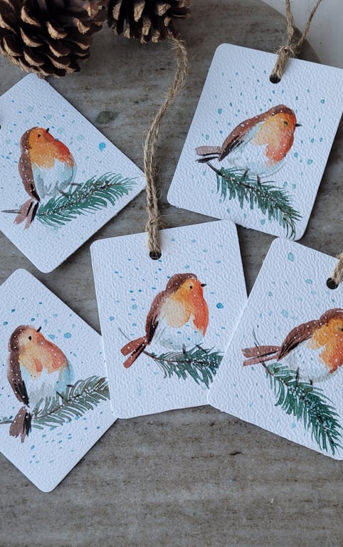 Hand painted original watercolor gift tags, set of 5, Christmas, Winter robin