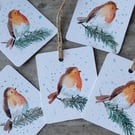 Hand painted original watercolor gift tags, set of 5, Christmas, Winter robin