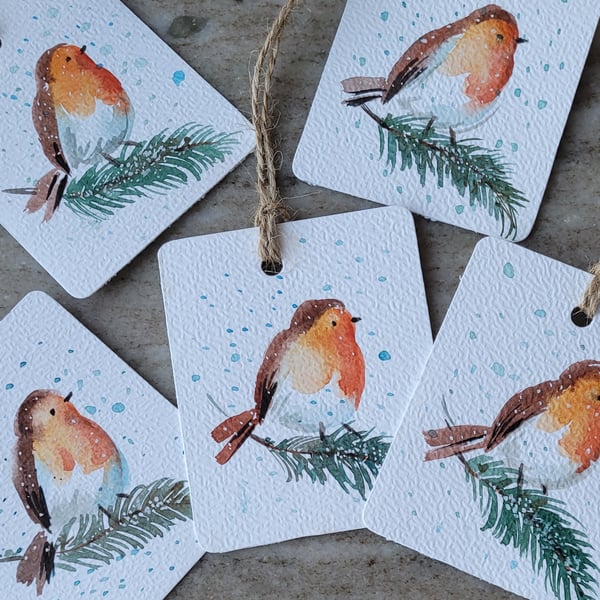 Hand painted original watercolor gift tags, set of 5, Christmas, Winter robin
