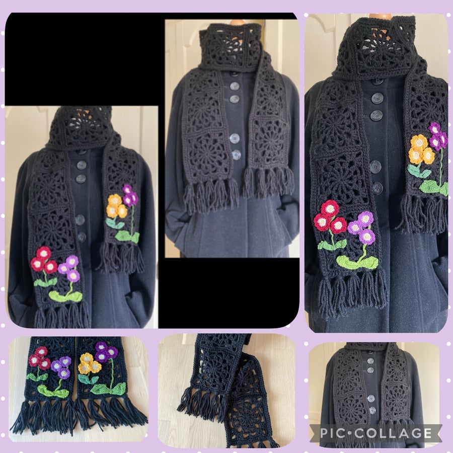 Black crochet scarf auricula scarf cosy scarf gift for a friend