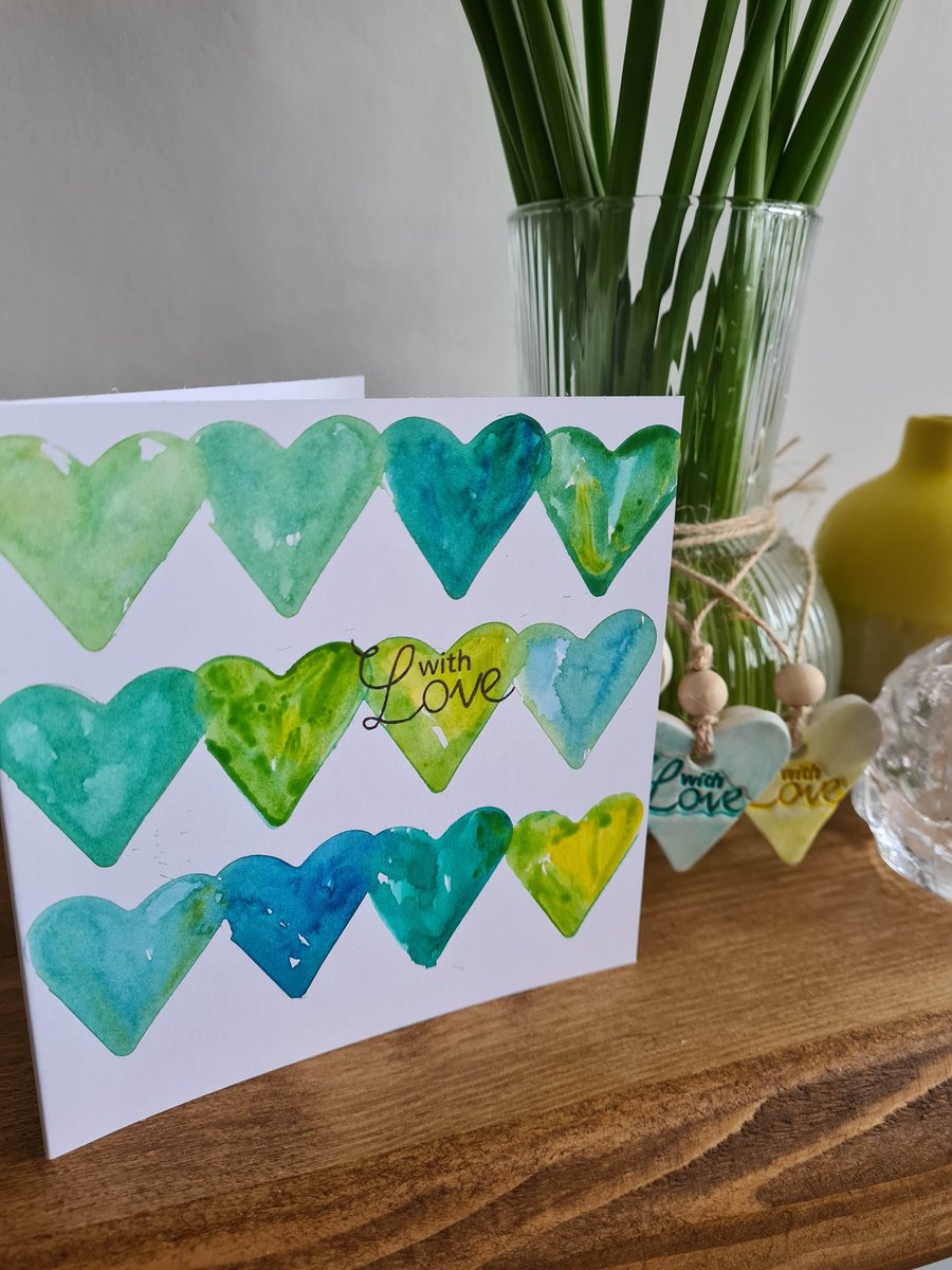 Watercolour teal green yellow heart anniversary valentine's card handpainted