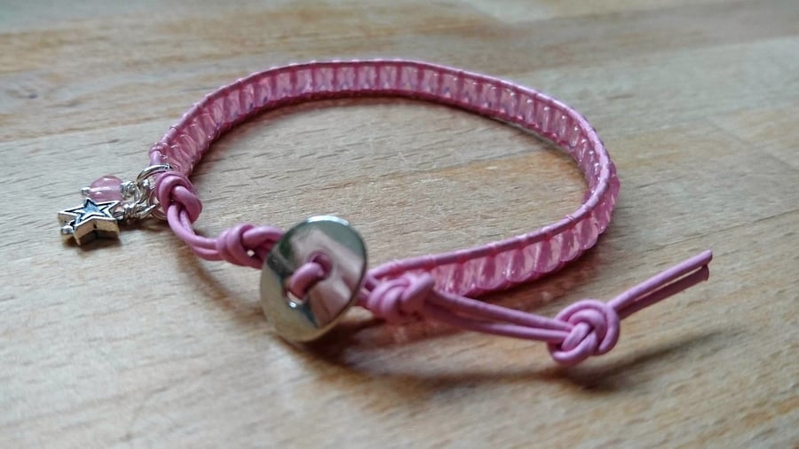 Pale pink leather and glass bead delicate bracelet