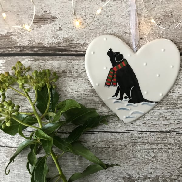 Black Labrador in the snow - Hand painted ceramic heart