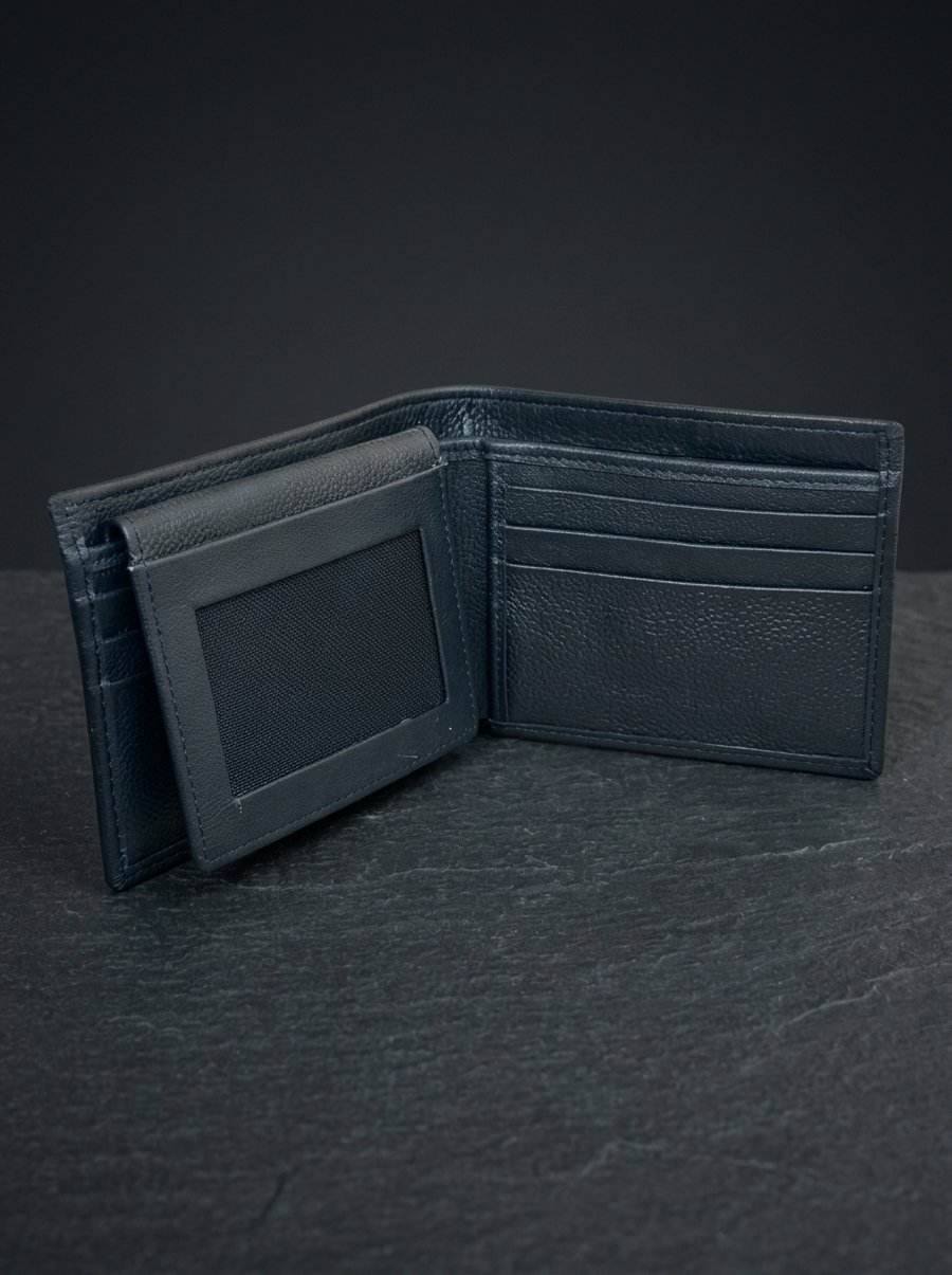 Black Full Grain Pebbled Leather Bifold Wallet ID Window Passcase Wallet UK