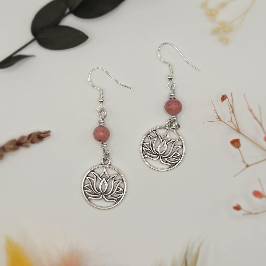 Sterling silver lotus flower dangle earrings with rhodonite beads