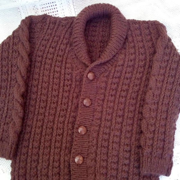 Aran Weight Cardigan with a Shawl Collar for a Baby or Child up to 6 to 7 years