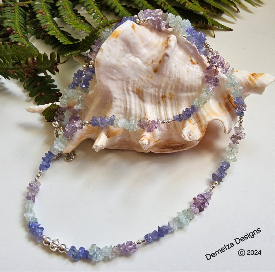 Designer Tanzanite, Amatrine & Aquamarine Nugget Silver Plated Necklace 