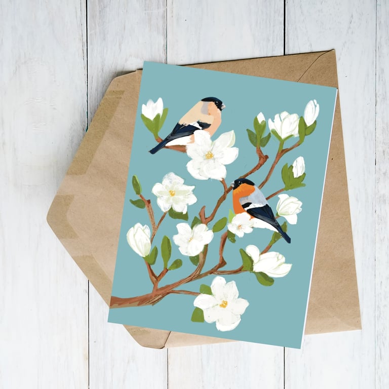Blank card bird card bullfinch and magnolia