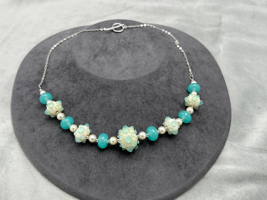 pale green and ivory cream lampwork glass beaded necklace