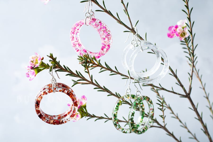 Resin Hoop Earrings "Four Seasons" Large Hoops Real Flower Earrings Gifts For He
