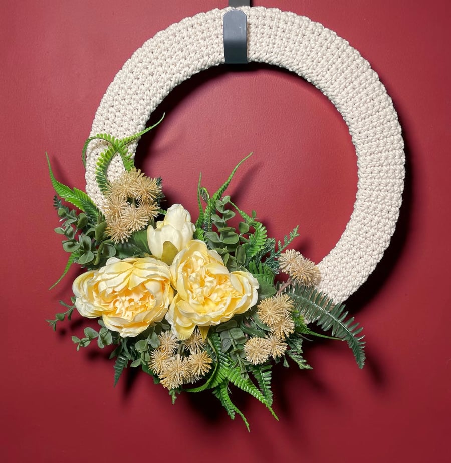 Handmade Crochet Wreath with Lemon Yellow Peonies and Summer Foliage