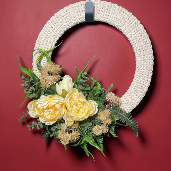 Handmade Crochet Wreath with Lemon Yellow Peonies and Summer Foliage
