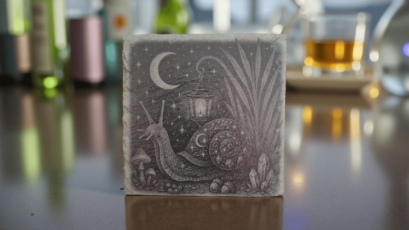 Slate Coaster – Mystical Snail with Lantern & Moon (10 x 10cm)