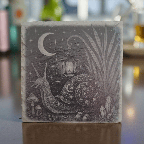 Slate Coaster – Mystical Snail with Lantern & Moon (10 x 10cm)