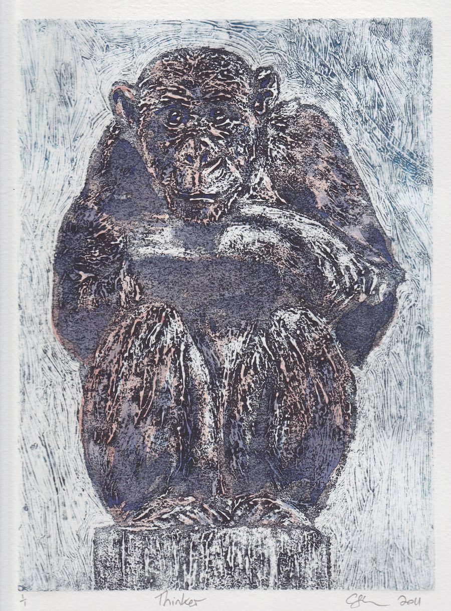 Thinker One Off Original Collagraph Print Art Chimp