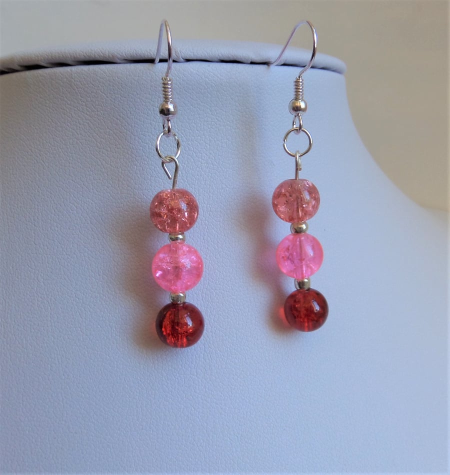 Dark red and two shades of pink glass crackle bead earrings