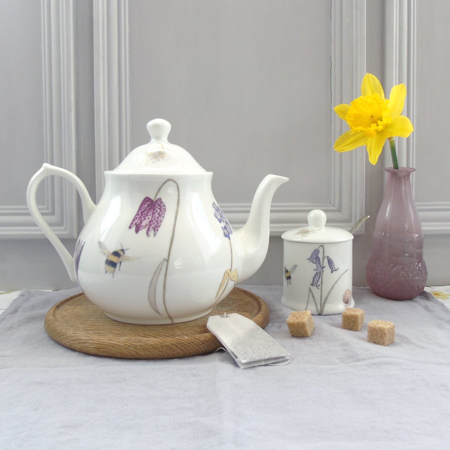 Bee and Spring Flowers Four Cup China Teapot