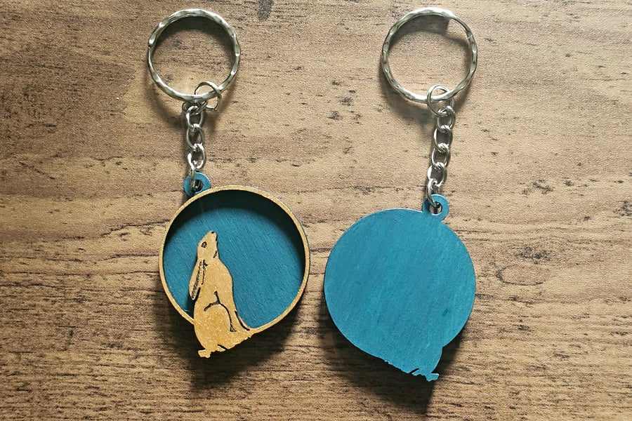 Handmade Moongazing Hare wooden keyring