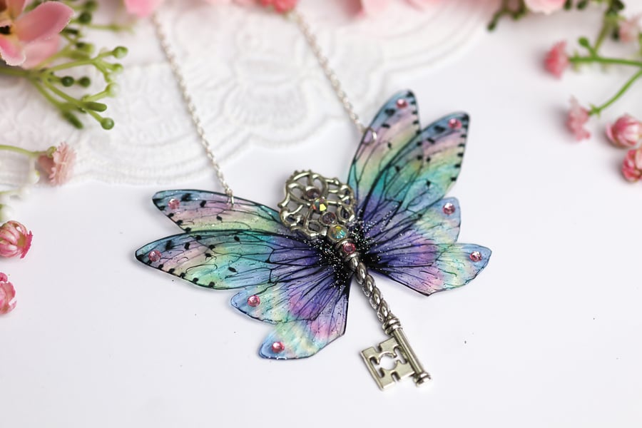 Fairy Wing Key Necklace Holo Rainbow Fairycore Cottagecore Boho Fairy Gift