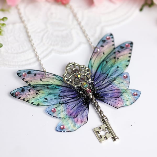 Fairy Wing Key Necklace Holo Rainbow Fairycore Cottagecore Boho Fairy Gift