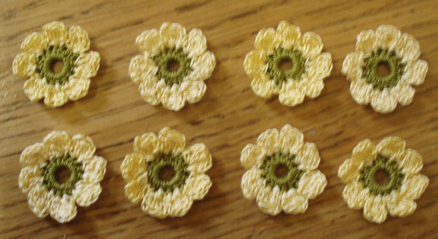 8 SMALL (2.5cm) COTTON FLOWERS FOR CARD MAKING, EMBELLISHMENTS, YELLOW & GREEN