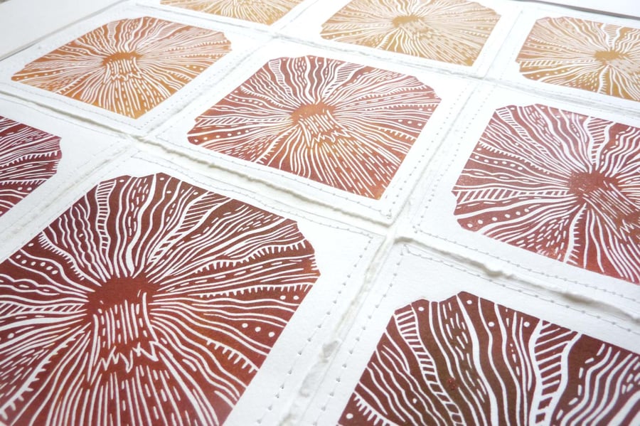 Nine Mushrooms - lino print collage