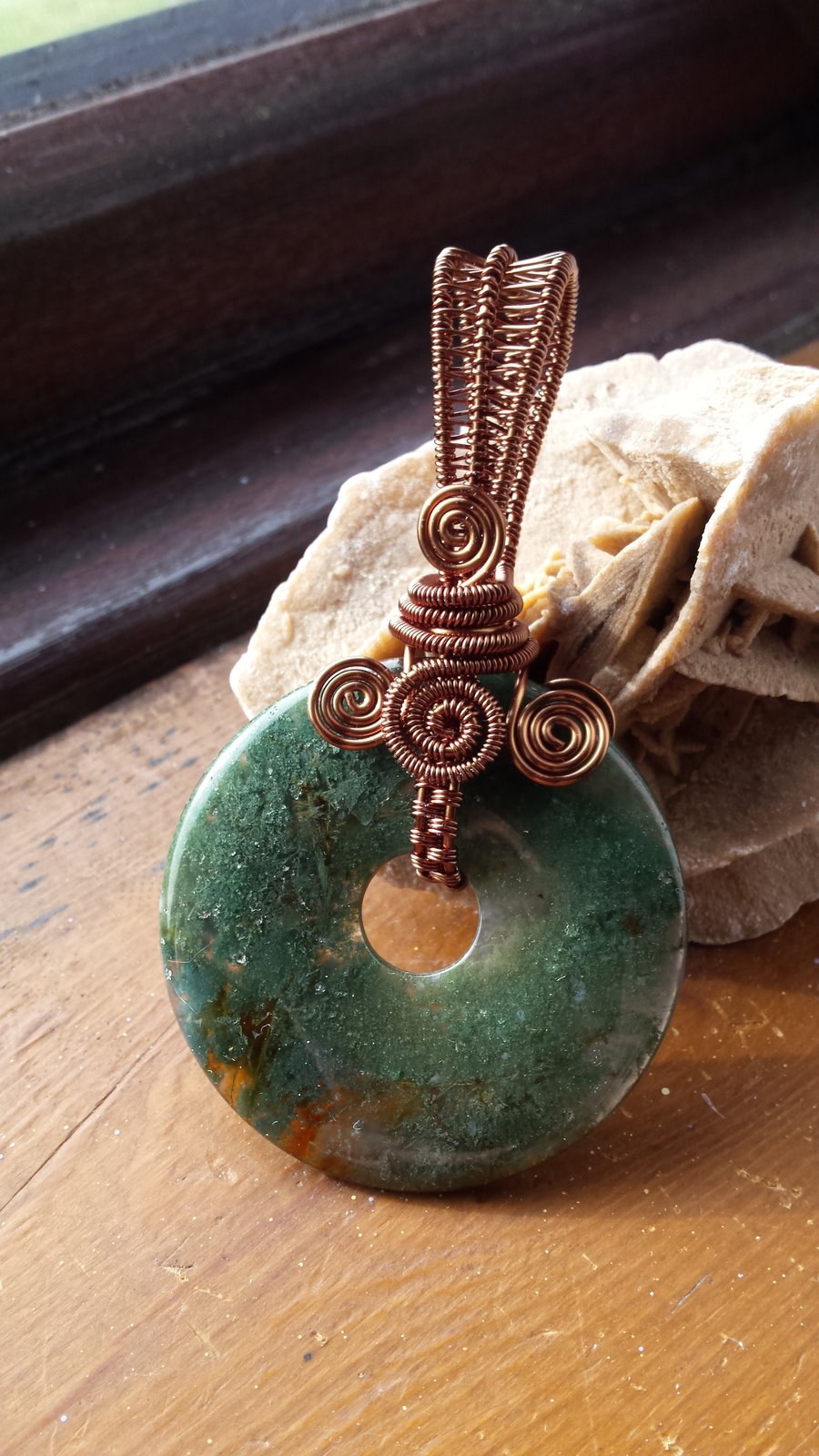 Moss Agate Wire Wrapped Reversible Pendant