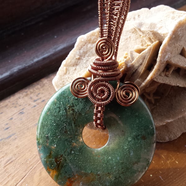 Moss Agate Wire Wrapped Reversible Pendant