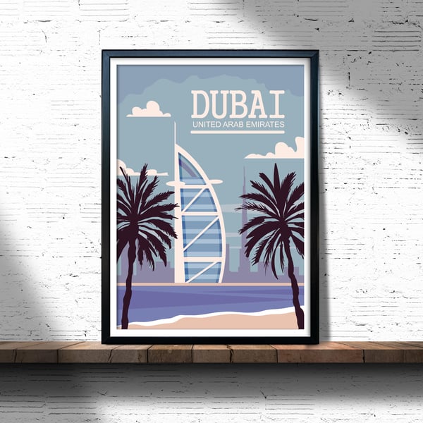 Dubai retro travel poster, Dubai wall print