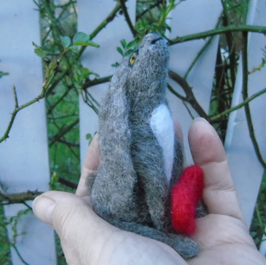 Needle Felt Hare with heart, brown hare, moon gazing hare, wool hare