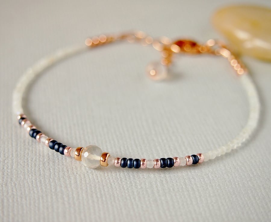 Moonstone Bracelet - Beaded Gemstone Bracelet - Navy White - Rose Gold